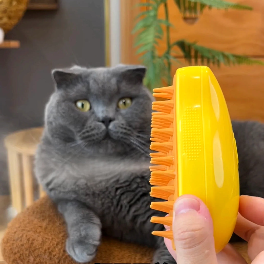 Viral cat comb blowing yellow steam, which surprises the cat in the woman's hand